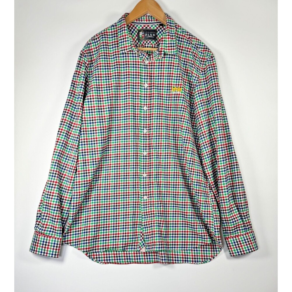 Thomas Pink Shirt Men 3XL Tattersall Check Cotton Button Front Lion Crest Preppy